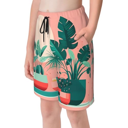 Beautiful Potted Green Plants Medium Youth Beach Pants, Soft and Breathable, with Drawstring Waist, Suitable for Sports and Leisure.4