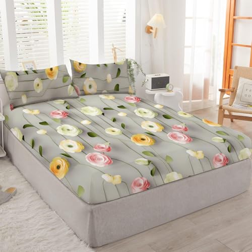 Image of DECOMIZER 300TC Cotton Feel Glace Cotton Elastic Fitted 7D Printed King Size Double Bed Bedsheet with 2 Pillow Covers Fits Upto 8 inches Mattress,72x78, Grey Bale Lotus