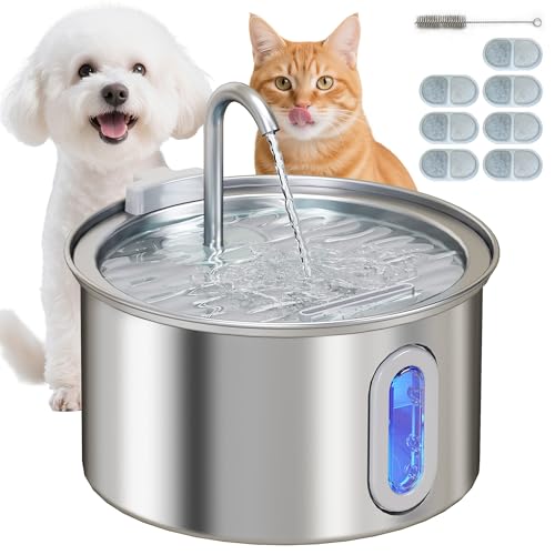 PawHut Fontanella per Gatto da 2.5L con Luce LED, Spazzola e 2 Modalità di Flusso, Fontana per Gatti in Acciaio Inox 304, 19.4x19.4x18.7 cm, Argento