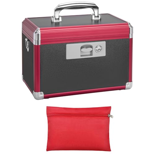 Secure Medicine Lock Box with Key, Childproof Metal Medication Storage Organizer for Home & Travel, Layered Aluminum First Aid Box, Portable & Durable – 13.4" x 7.6" x 8.2" Black & Red Large