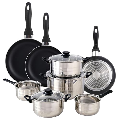 Well Home Set de Batería de cocina de 8pc en acero inoxidable + 3 Sartenes Ø16Ø20Ø24cm Negro en aluminio prensado