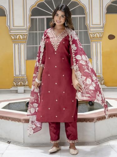Image of VredeVogel Kurta Set with Dupatta | Embroidered Viscose Rayon Kurta Pant Set for Women | Women's Ethnic Casual Kurti Set