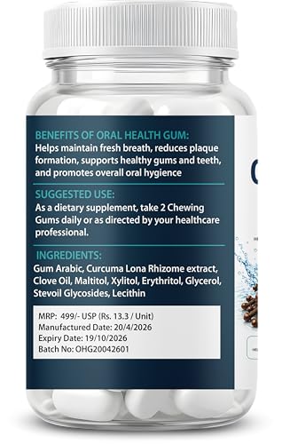 Image of Oral Health Chewing Gum with Clove Oil & Curcumin Extract | Zero Added Sugar | Fresh Breath, Plaque Support & Healthy Gums | Xylitol Mint Gum for Adults | 30 Chews