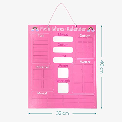 Navaris Kalender Tafel für Kinder - Lerntafel Jahreszeiten Uhr - Magnet Spiel Lernuhr - Kinderkalender Jahreskalender - magnetisch - rosa - deutsch