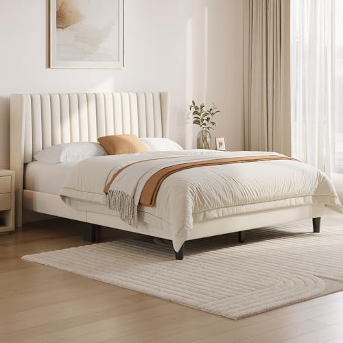 Image of Yaheetech Queen Bed Frame with Headboard, Ivory Channel-Tufted Platform