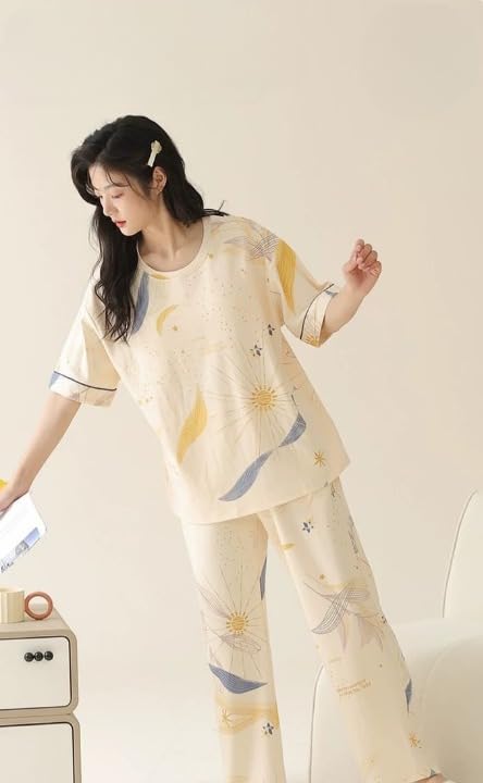 Image of Celary Women's Korean Night Suit Set | Round Neck Full Sleeve Top & Printed Ankle Length Pyjama | Skin-Friendly Fabric Soft Breathable Stretchable Loungewear | M to 2XL