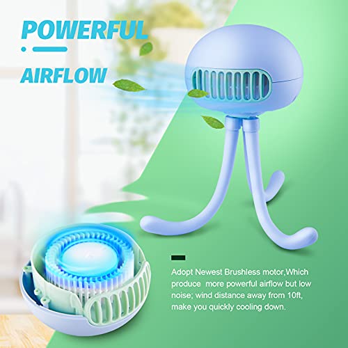 Image of Portable Bladeless Mini Handheld Fan with Flexible Tripod - Clip on Stroller Fan, 3 Speeds, Rechargeable Battery Operated for Stroller, Car Seat, Crib, Bike and Desktop (Blue)