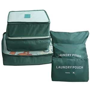 6 Pack Packing Cubes for Suitcases – Compression Luggage Packing Organizers with Laundry Pouch – Travel Storage Bags for Travel Accessories, Clothes, Cosmetics, Toiletries – Dark Green