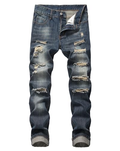 Andongnywell Men's Skinny Fit Ripped Destroyed Jeans Stretch Side Striped Jean Distressed Zipper Holes Pants Denim Pant