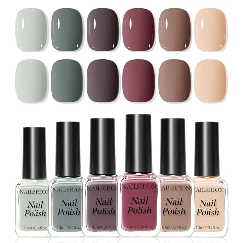Nailshion Nude Grays Nail Polish Set, Non U V Gel, 6 Colors Nude Pink Brown Red Dusty Rose Nail Polishes Neutral Color for All Seasons, Vegan, Fast Air Dry Salon Nail Art DIY at Home Manicure