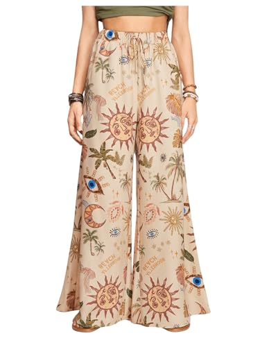 Women's Paisley Pants Boho Printed Flowy Knot High Waisted Hippie Casual Baggy Trousers