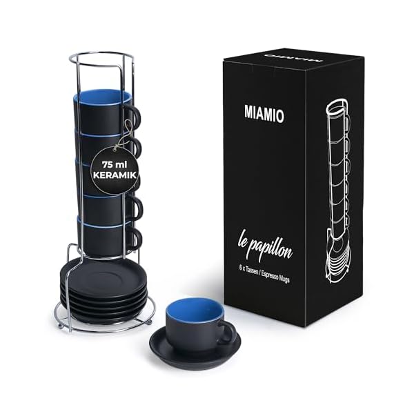 MIAMIO - 6 x 75 ml Espressotassen Set/Espresso Tassen Set mit Untertasse & Ständer - Kaffeetassen Set 6er Kaffeebecher Keramik - Le Papillon Kollektion