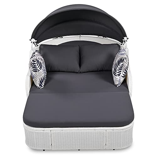 Aocoroe Outdoor Sunbed Daybed With Canopy, Pe Wicker Cushion Back Patio Furniture Furniture Set Double Chaise Lounger With Cushions, Pillows And Retractable Canopy #TOP1