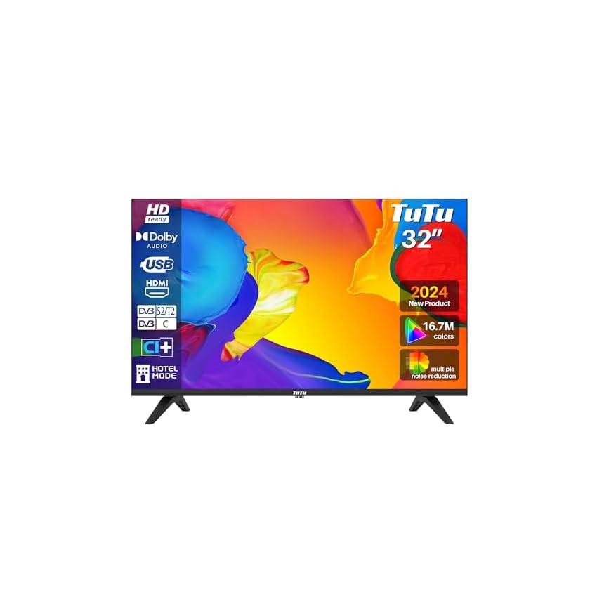 TuTu-TV-32-Pouces-80-cm-sans-Bord-LED-HD-Ready-Televiseurs-avec-Triple-Tuner-DVB-C-T2-S2-HDMI-CI-Lecteur-multimedia-USB-Mode-hotel-Dolby-Audio-TUB32HN1N-2024 tutu tv 32 pouces (80 cm) sans bord led hd ready téléviseurs avec triple tuner (dvb c / t2 / s2), hdmi, ci+, lecteur multimédia usb, mode hôtel, dolby audio (tub32hn1n, 2024)