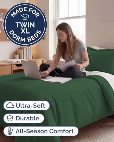 Image of Duvet Cover Twin /Twin XL Size Set - Extra Soft Twin /Twin XL Duvet Cover 68 inch x 90 inch with 1 Pillow Sham for Women, Men, Kids & Teens - Easy-Care & Fade Free with Zipper Closures & Ties (Emerald Green)