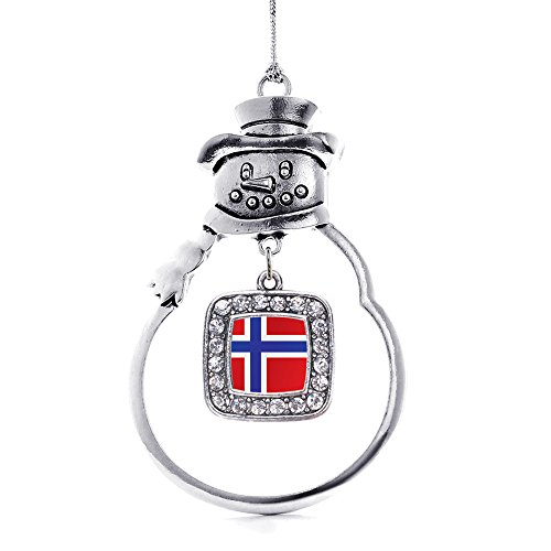 Inspired Silver - Norway Flag - Silver Christmas Ornament - Square Charm Christmas Tree Ornament with Cubic Zirconia - Snowman Hanging Decoration