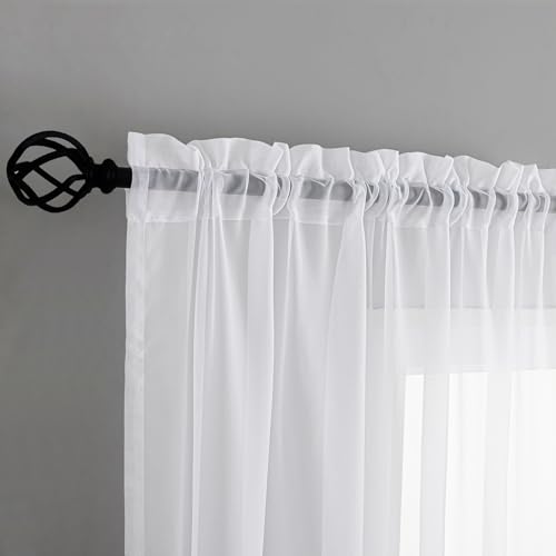 Image of White Sheer Tulle Curtains - 2 Panel Sets, 90 Inch Long, Rod Pocket, for Bedroom & Living Room