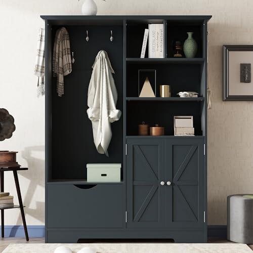 AmazonBasics 5-In-1 Entryway Hall Tree with Coat Rack, 4 Open Shelves, 3 Built-In Shelves, 7 Hooks, 1 Drawer, Mud Room Bench with Shoe Storage and Seating