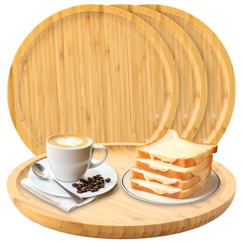 MIVIDE 4 Pcs Plateau de Service en Bambou, Plateau Rond Bois Dessous Verre 20 x 20 x 1.5 cm, Plateaux Bambou Rond pour Thé Nourriture Plantes