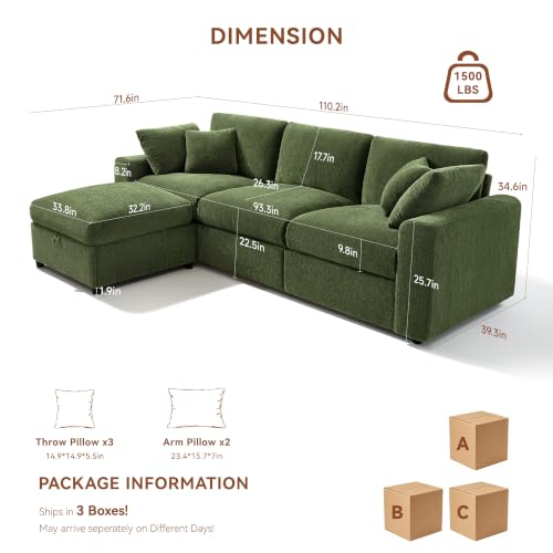 Image of Ihanherry Cloud Sectional Couches for Living Room, 110 inch Large Modular Sectional Sofa with Wide Deep Seat, L Shaped Couch with Throw Pillow and Storage Ottoman, Green