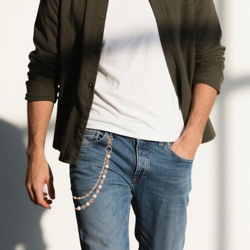 Mikovivi Double Layer Pants Chain, Gold Imitation Pearls Rhinestones Pocket Belt Chain with Lobster Clasp Fashionable Women Men Clothing Jewelry Accessories for Unisex Jeans Pants Wallets - Thumbnail 7