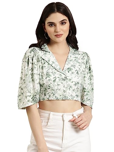Image of SHOWOFFFF Women Printed Shirt Style Casual Top | Spread Collar 3 /4th Sleeves Crepe Top's for Womens | Regular Fit Crop Tops for Women's