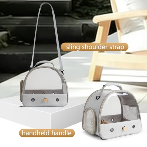 Image of Bird Carrier, Portable Small Bird Parrot Parakeet Carrier with Standing Perch and Stainless Steel Tray, Side Access Window Collapsible (Grey, Clear Windows)