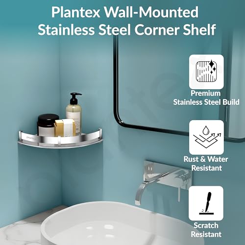 Image of Plantex Stainless Steel Corner Shelf for Bathroom Wall /Bathroom Corner Shelves /Bathroom Shelf Rack /Side Corner Shelf /Kitchen Organizer /Bathroom Corner Rack- (9x9 inches, Chrome)