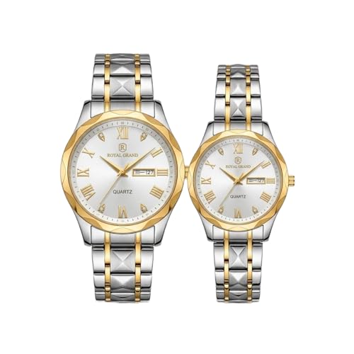 Image of MINI @ MAXX Unisex Adult Couple Watch Set His & Her Matching Watches with Luxury Diamond Accents-Two-Tone Silver Strap,Blue Dial Valentine's Day Stainless Steel Original Quartz Watch Lovers Set