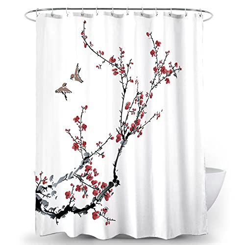 Adwaita Heavy Duty Waterproof Fabric Bathroom Shower Curtain Bath Curtain Weighted 100 Percent Polyester, Machine Washable, 72 X 72 Inches (Red Plum Flower) #TOP11
