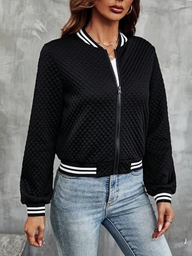 WDIRARA Women's Striped Trim Zipper Up Long Sleeve Casual Bomber Jacket Outerwear3