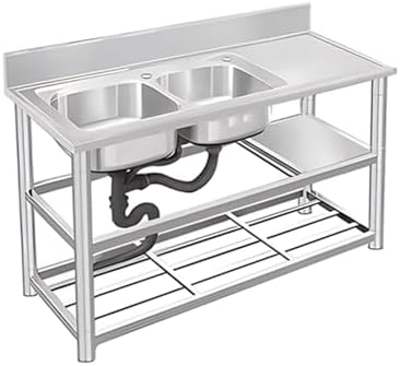Stainless Steel Kitchen Sink Stainless Steel Double Bowl Utility Sink - Heavy-Duty Freestanding Commercial Kitchen Sink with Workbench for Restaurants and Laundry Use，（A，150x50x80cm）