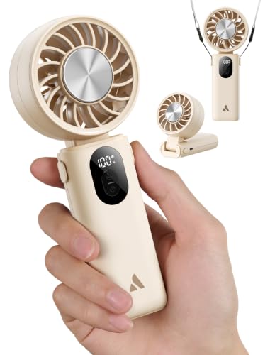 Image of Aecooly Mighty Portable Handheld Fan with Cooling Plate | 20H Max Cooling Time | 3 Flexible Modes | 5 Speeds Wind | Battery Level Display | Mini Personal Battery Powered, Gifts for Women, Travel-Beige