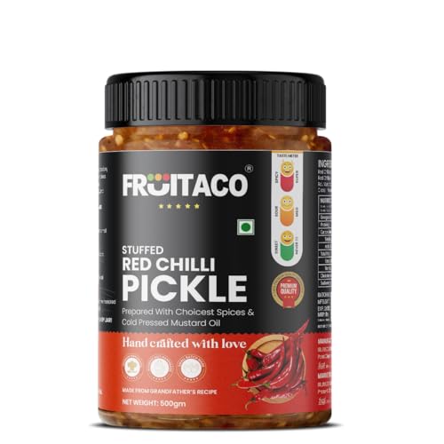 Image of Fruitaco Red Chilli Pickle - Authentic Indian Pickle with Tangy and Spicy Flavor | Perfect Side for Meal (500 Gm, Stuffed Red Chilli Pickle)