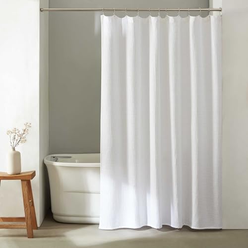 Calvin Klein - Fabric Shower Curtain, Luxury Cotton Blend Bathroom Decor with 12 Button Holes (Waffle Solid White, 70" x 72") by Calvin Klein - Used condition - CA$36.31