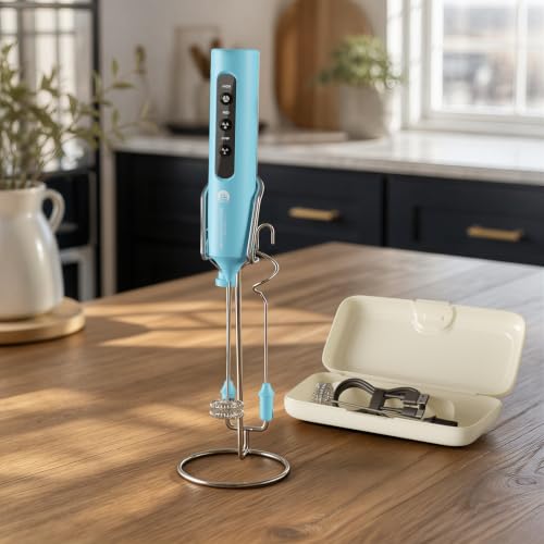 Image of Rechargeable Milk Frother with Stand, 4 Interchangeable Whisks & Travel Case - Handheld Mixer for Lattes, Matcha, Hot Chocolate, Eggs & Protein Shakes
