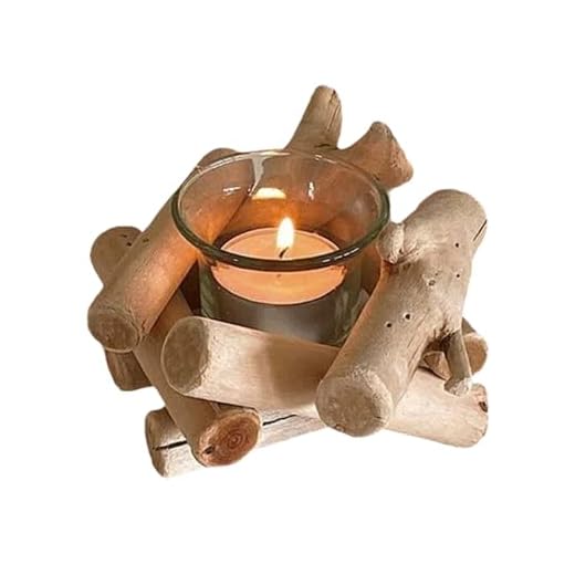 Candleabra Handmade Wooden Tea Light Candle Holder with Glass Cup Vintage Style Driftwood Candle Holder Sabbath Candle Holder for Dining Fireplace Living Room Mantle Decor