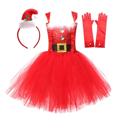 Vestido de Navidad para niña, tutú, con guantes, tocado, juego de 3 piezas, falda de red para carnaval, fiesta, disfraz de niña, rojo, 6-7 años