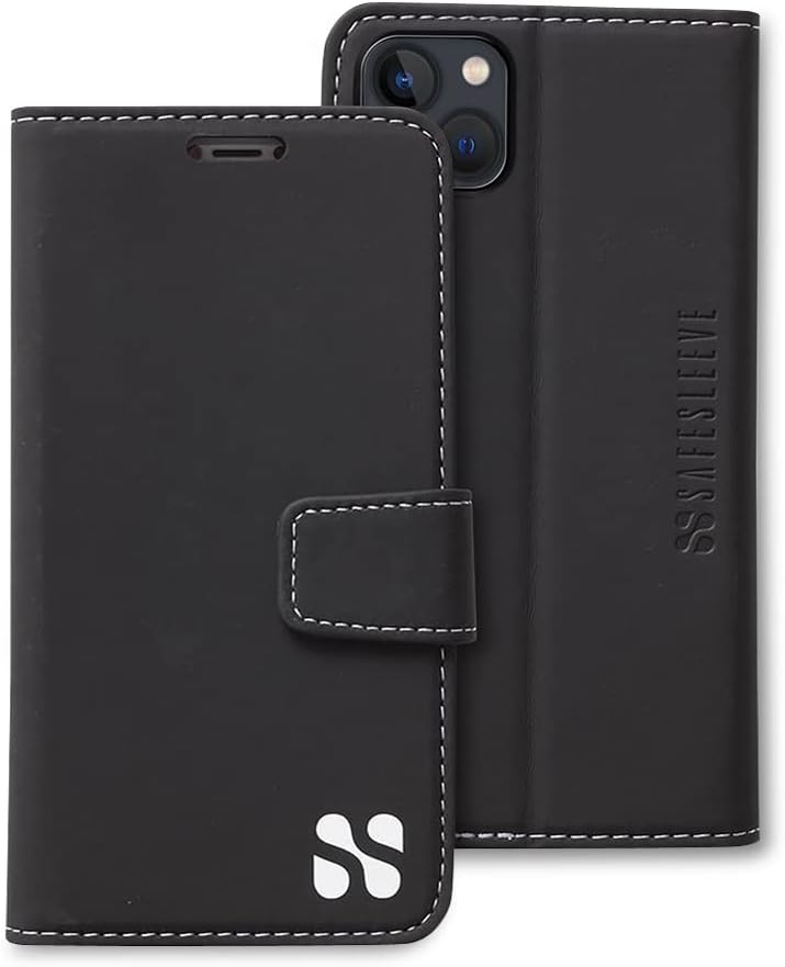 SafeSleeveEMF Protection Anti Radiation iPhone 14 Plus Case, RFID EMF Blocking, Card Holder Wallet, Vegan Leather, Adjustable Stand Cell Phone Case, for Women & Men (Black)