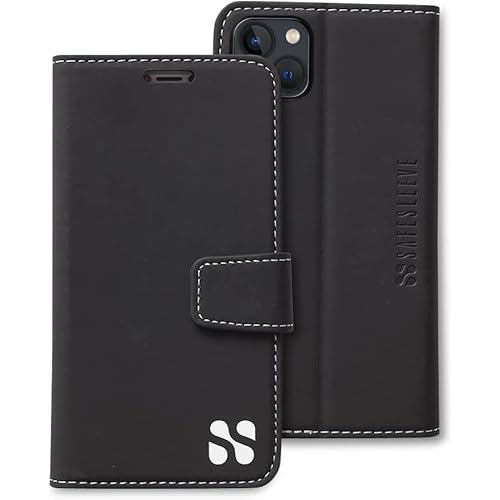 SafeSleeve Wallet Leather Case for iPhone 14 Plus EMF Blocker for Cell Phone with 3 Card Holder & Adjustable Stand – Magnetic Closure, and Magnetic Folio Protection for Daily Use (Black)