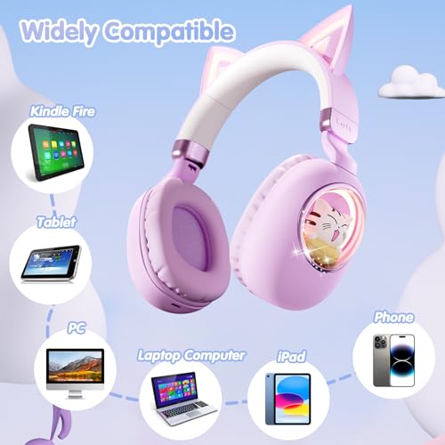 esonstyle Cat Ear Headphones for Kids - Bluetooth 5.4 On-Ear Noise Cancelling Headphones with Microphone 85dB Safe Volume Limit Wireless or 3.5mm Wired Mode USB C for School Learning Travel (Purple) — view 3