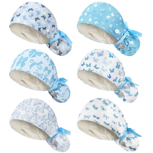Jamntower 6 Pcs Satin Lined Working Hat Scrub Caps Adjustable Tie Back Bouffant Hats with Button Sweatband for Doctor Nurse(Blue Butterfly and Bow Style,Novelty Color)
