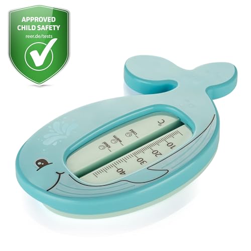 reer Termómetro de baño MyHappyBath para bebé, diseño de ballena, termómetro de baño seguro para niños, temperatura óptima para bañera, sin mercurio, rango de medición alto, escala clara