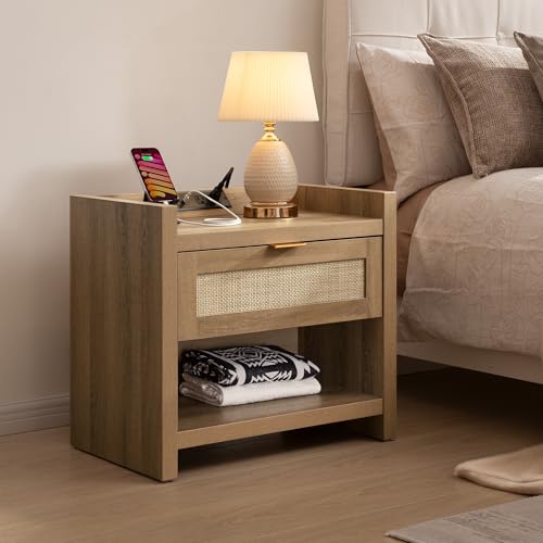 Image of SICOTAS Night Stand Bed Side Table - Rattan Nightstand with Type-C Charging Station,Drawer Storage End Table - Boho Bedside Night Stands for Bedroom - Natural Oak