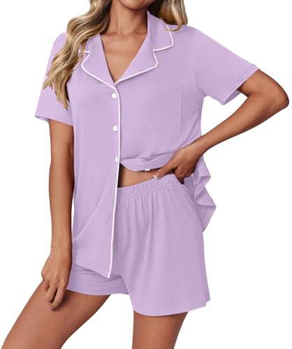 Image of Ekouaer Pajamas Set for Women 2 Piece Pjs Short Sleeve Sleepwear Button Down Lounge Shorts Sets S-XXL