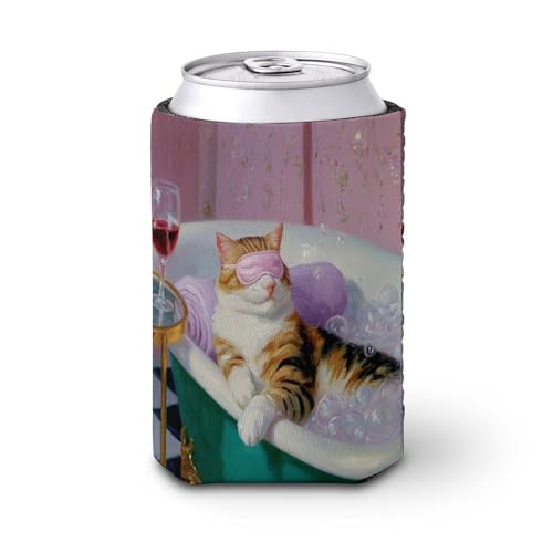 Manga térmica para lata de cerveza, gato con máscara de noche de satén en bañera con patas de garra, soporte de bebida isotérmica suave para fiesta, playa, eventos, hogar