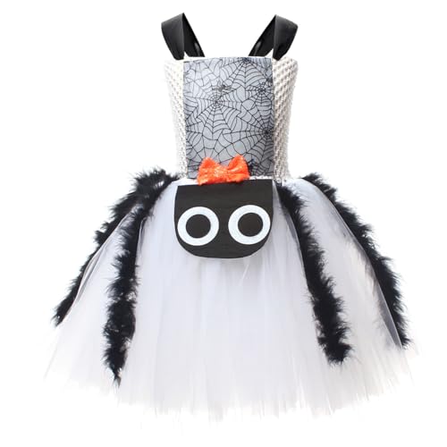IBAKOM Girls Witch Costume Spider Ruffle Tulle Dress with 1 Pair Hair Clips and Broom Kids Spider Fancy Dress Up Outfit for Carnival Masquerade Party White 8-9Y - Image 2
