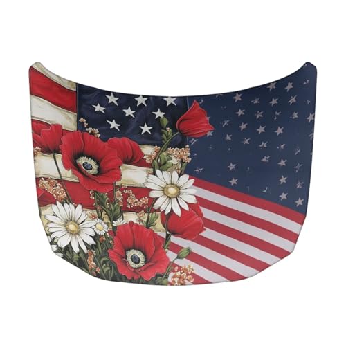 Image of American Flag and Red Poppy Hood Cover for Car SUV Sedan Truck, Waterproof Elastic Polyester Car Hood Protector, Patriotic Decorative Automotive Accessories for Summer