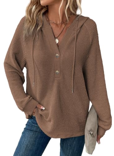 Image of Dokotoo Hoodies for Women Waffle Knit Button V Neck Casual Sweatshirt Tops