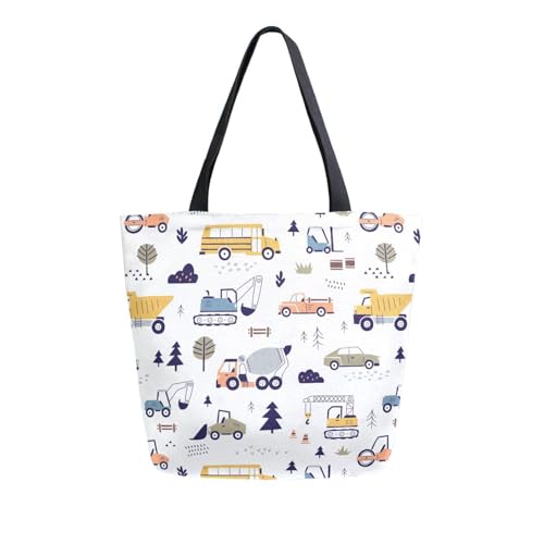 Cartoon Car Vehicle Printed Canvas Tote Bag for Women with Zipper Pocket Reusable Grocery Shopping Bags Large Travel Shoulder Bag Handbag Bags
